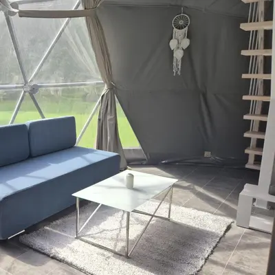 a living room with a blue couch and a table at 