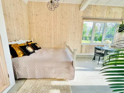 a bedroom with a bed with pillows on it at AGUONA ROYAL OASIS in Molėtai