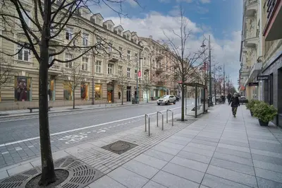 a person walking down a sidewalk on a city street at Forentinn Gedimino pr. in Vilnius