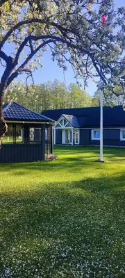a house with a black roof on a green lawn at Perlytė in Metelyte