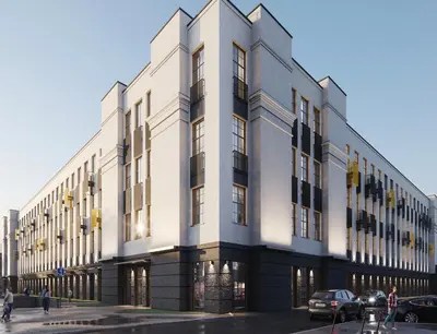 a large white building with people walking in front of it at Radio City loft - apartment 420 in Kaunas