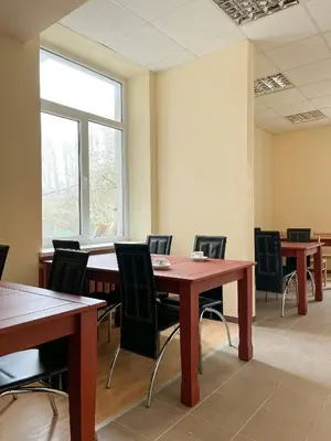 a conference room with wooden tables and chairs at Apgyvendinimo įstaiga KORNEALITA in Zarasai
