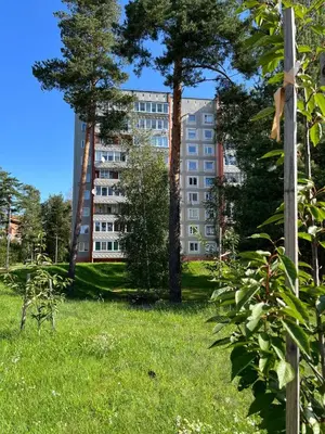 a tall building in a park with trees and grass at Pine Apartment in Visaginas
