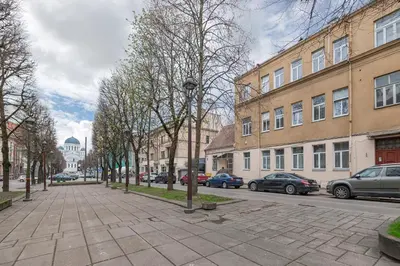 a city street with cars parked on the street at Freedom Avenue Apartment by Polo apartments in Kaunas