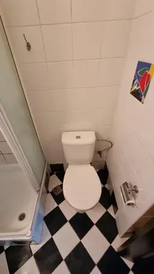 a small bathroom with a toilet and a shower at Capital's Old Town Gem in Vilnius