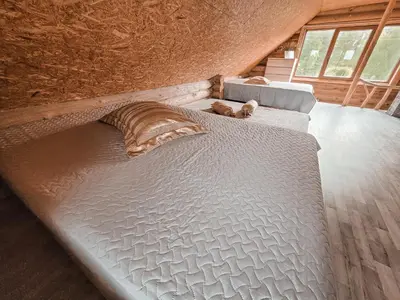 a bedroom with two beds in a tiny house at Poilsis netoli Druskininkų in Druskininkai