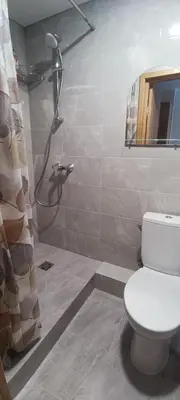 a bathroom with a toilet and a shower with a mirror at Adomo Apartamentai Panevėžyje in Panevėžys