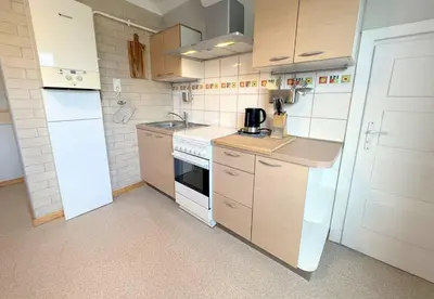a small kitchen with a sink and a stove at Kotedžas nuomai - Retro 70, Šiauliai in Šiauliai