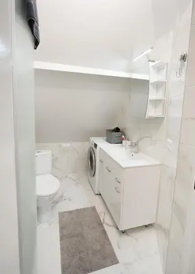 a bathroom with a toilet sink and a washing machine at Petro studija in Kaunas