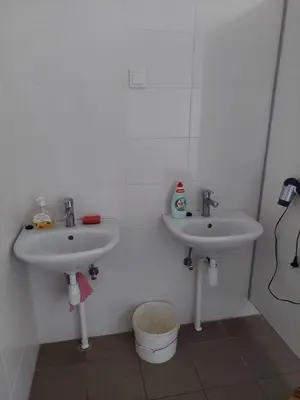 a white bathroom with two sinks and a bucket at Kriaunų bendruomenės Svečių namai in Gipenai