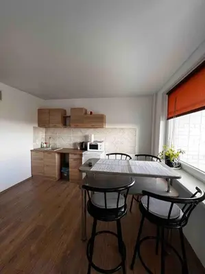 a kitchen with a table and chairs in a room at Studio Apartment with Lake View in Visaginas