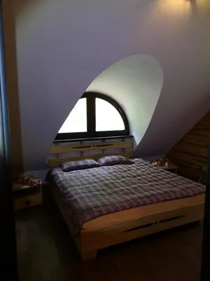 a bedroom with a bed and a window at Antalieptės sodyba in Baibiai