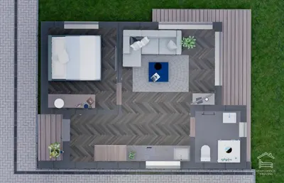 a rendering of a floor plan of a house at Apartamentai Biržuose, Cozy Modern Bungalows in Biržai