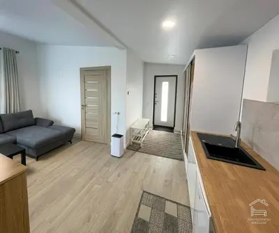 a living room with a couch and a table at Apartamentai Biržuose, Cozy Modern Bungalows in Biržai