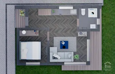 a rendering of a floor plan of a house at Apartamentai Biržuose, Cozy Modern Bungalows in Biržai