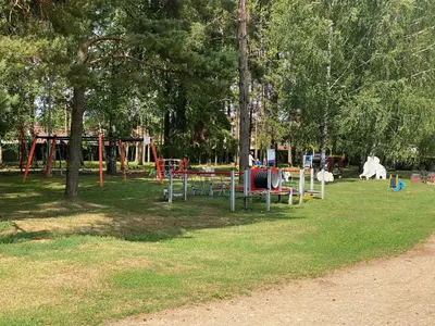 a park with a playground in the grass at Apartamentai Biržuose, Cozy Modern Bungalows in Biržai