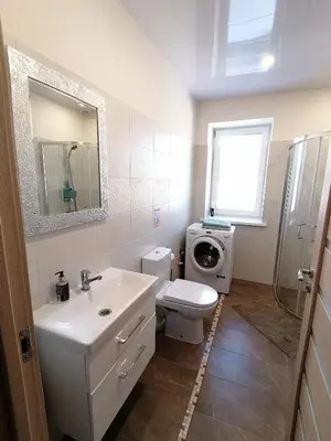 a bathroom with a toilet sink and a washing machine at Antonio house in Ramučiai