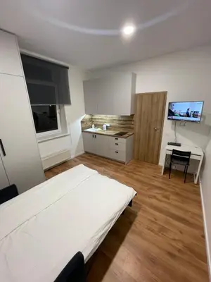 a bedroom with a bed and a sink and a desk at 29 Airport Apartment in Vilnius
