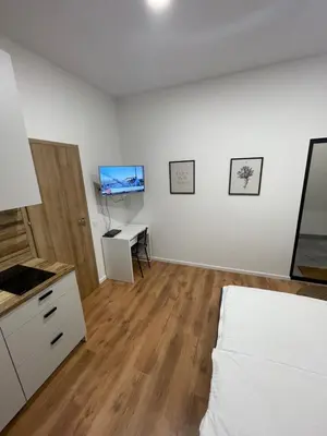 a bedroom with a bed and a desk and a television at 29 Airport Apartment in Vilnius