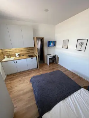 a bedroom with a bed and a sink and a counter at 29 Airport Apartment in Vilnius