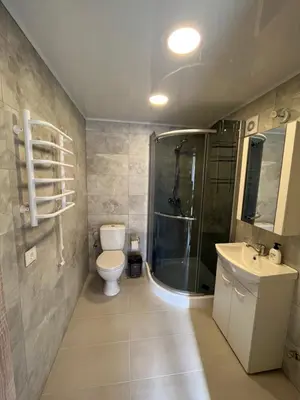 a bathroom with a shower and a toilet and a sink at SKA Anykščiai in Anykščiai