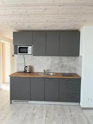 a kitchen with a sink and a microwave at SKA Anykščiai in Anykščiai