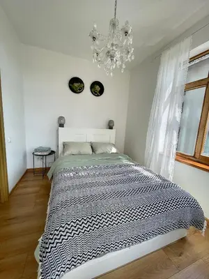 a bedroom with a large bed with a chandelier at Kaunas Green in Kaunas