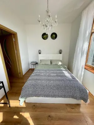 a bedroom with a large bed with a chandelier at Kaunas Green in Kaunas