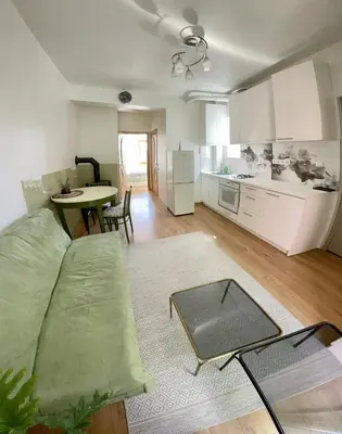 a living room with a couch and a kitchen at Kaunas Green in Kaunas