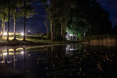 a pond at night with trees and lights at Sodyba Paukščių Takas in Aviliai